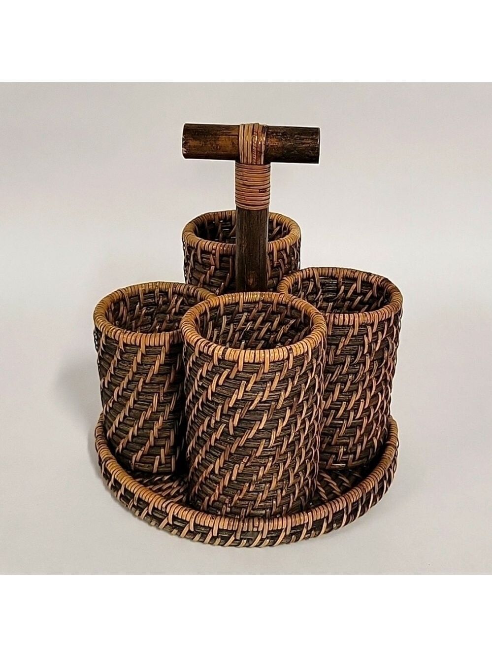 Wicker Rattan Woven Brown/Tan Utensil 4-Section Caddy Holder w/Handle
